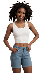 Wall Mural - Attractive young Black woman with dreadlocks standing and smiling against a transparent background. isolated, transparent background, no background. PNG.