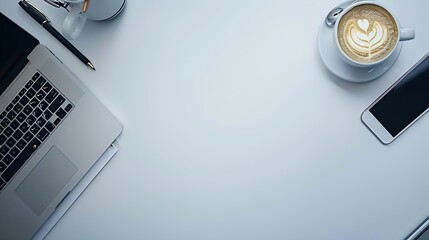 Leinwandbilder - Top view of white office desk with laptop smartphone cup of coffee and supplies Top view with copy space : Generative AI