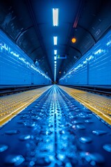 Poster - A subway platform with a blue light and yellow lights, AI