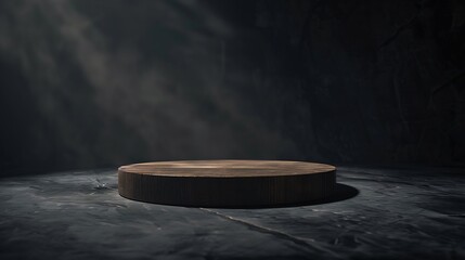 Fototapete - Eco rustic wood circle disc platform podium canvas fabric on black background Minimal empty display product presentation scene : Generative AI
