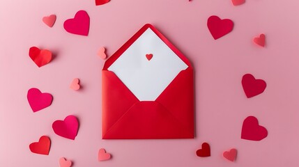 Wall Mural - Red paper envelope with blank white note mockup inside and Valentines hearts on pink background Flat lay top view Romantic love letter for Valentines day concept : Generative AI