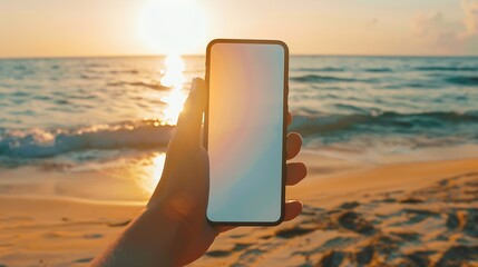 Fototapete - Hand holding smartphone on the beach mobile mockup of blank screen Take your screen to put on advertising Summer vacation concept : Generative AI