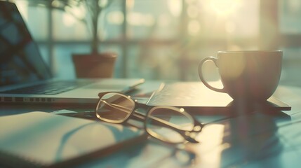 Leinwandbilder - soft focus of Office desk table with keyboard of laptop computer coffee cup and notebook glasses Business and finance concept Workplace with morning sunlight from window with copy spac : Generative AI