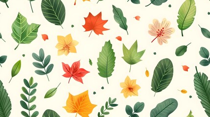 Poster - Vibrant Autumn Foliage Flat of Leaves Blossoms and Pollen in Nature Inspired Design