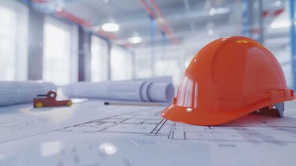 Aufkleber - Architectural designed building blueprint layout and engineer tool for designing blueprint with contractor project document on engineer workspace table in office with safety helmet or  : Generative AI