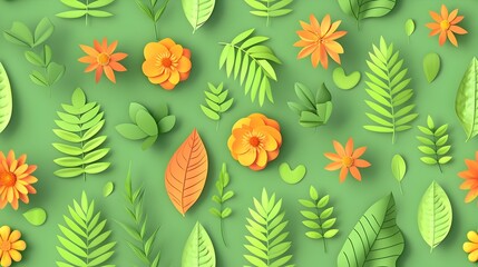 Fototapete - Vibrant Botanical Arrangement with Lush Tropical Leaves and Blooming Flowers in Flat Design