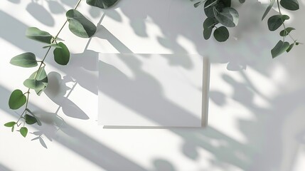 Aufkleber - Empty paper card and eucalyptus branches on the white table Natural sunlight with trendy shadows Minimalist style mockup : Generative AI