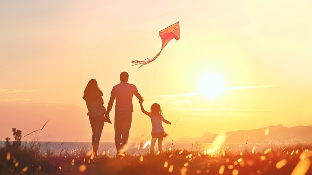 Happy family father  mother and child daughter launch a kite on nature at sunset : Generative AI