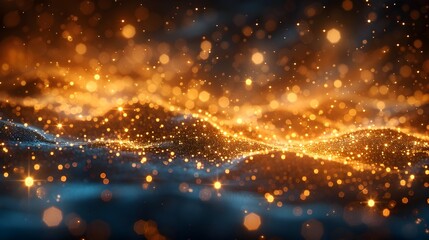 Fototapete - Dazzling Golden Light Particles Swirling in Endless Blue and Dark Abstract Background