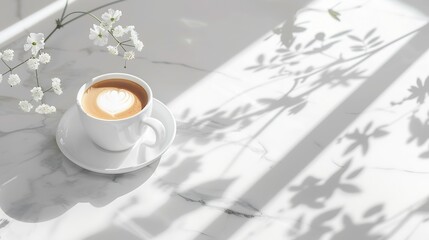Aufkleber - White ceramic saucer and cup with coffee drink on neutral marble gray table background with aesthetic floral sunlight shadows feminine business branding template : Generative AI