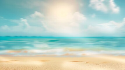 Abstract blur defocused background nature of tropical summer beach with rays of sun light Golden sand beach sea water against blue sky with white clouds Copy space summer vacation conc : Generative AI