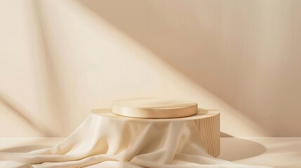 Fototapete - Luxury wooden product podium for beauty and fashion product with silk fabric on beige background Premium brand placement  mockup template Studio stage scene display Soft neutral pastel : Generative AI