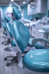 Sticker - A row of blue chairs in a dental office with white walls, AI