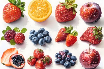 Vibrant Assortment of Ripe Fruits and Berries Arranged on a White Background Showcasing Nature s Bounty in a Gourmet Still Life Display