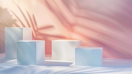 Leinwandbilder - Abstract surreal scene  empty stage with four rectangle white podiums on pastel holographic background with plant shadows Pedestal for cosmetic product packaging mockups display presen : Generative AI