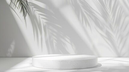 Aufkleber - White background of wall with palm shadows and white stone podium Free space for your decoration product presentation mock up show cosmetic product display Podium stage pedestal or pla : Generative AI