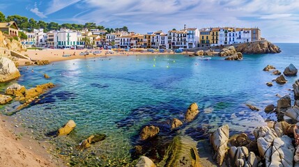 Sea landscape with Calella de Palafrugell Catalonia Spain near of Barcelona Scenic fisherman village with nice sand beach and clear blue water in nice bay Famous tourist destination in : Generative AI