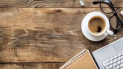 Leinwandbilder - Top view above of Wooden office desk table with keyboard of laptop  coffee cup and notebook with equipment office supplies Business and finance concept Workplace Flat lay with blank co : Generative AI