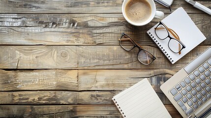 Leinwandbilder - Top view above of Wooden office desk table with keyboard coffee cup and notebook glasses with equipment office supplies Business and finance concept Workplace Flat lay with blank copy  : Generative AI