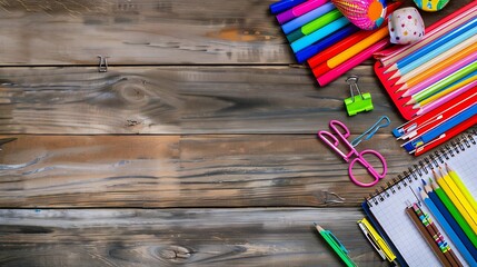 Poster - School stationery on wooden background Back to school creative layout template with copy space Flat lay top view overhead : Generative AI