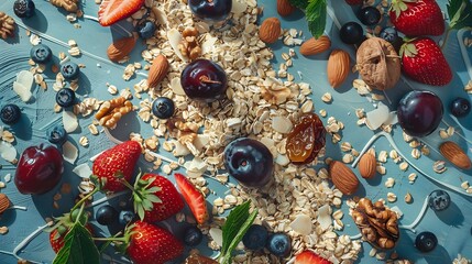 Wall Mural - Creative layout made of oatmeal coconut strawberry plum dried dates blueberry almond and walnut Flat lay Food concept : Generative AI
