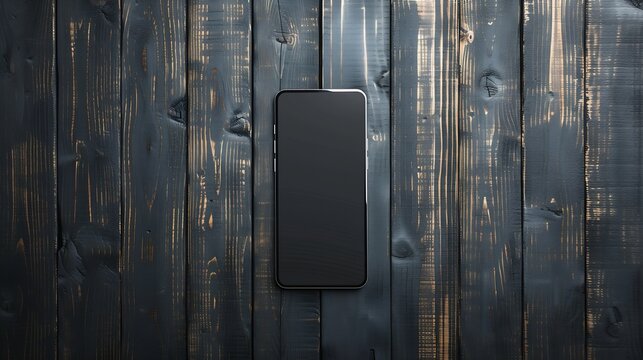 Mock up smart phone on black wooden background Top view copy space and blank screen for your advertise design : Generative AI