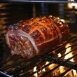 ham cooking on a grill, professional food photography in studio lighting