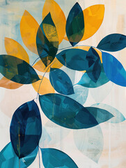 Abstract Canvas Painting with Cobalt Blue and Citrine Yellow Leaves