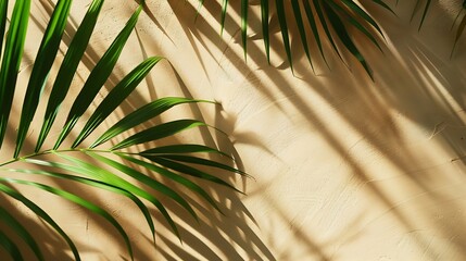Aufkleber - Top view of green tropical leaf shadow on sand color background Flat lay Minimal summer concept with palm tree leaf Creative copyspace : Generative AI