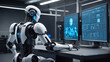 © mdaktaruzzaman - A strong artificial intelligence robot sitting at a desk with a computer monitor in data center background