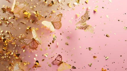 Poster - Festive background made with gold tracery illuminating butterflies and with shiny confetti on pink Holiday concept Top view Template for your design : Generative AI