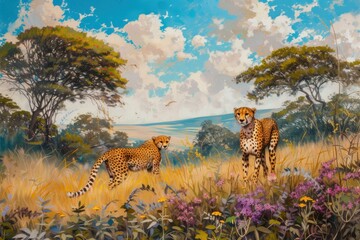 Poster - Two cheetahs in a vibrant savannah setting with lush trees and wildflowers under a cloudy sky