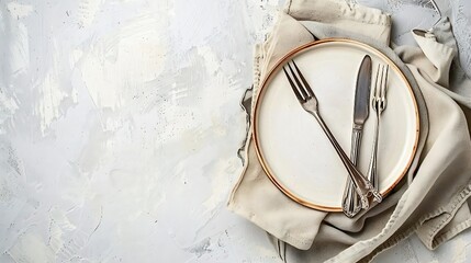 Poster - White craft plate cutlery and napkin on white stone table knife and fork on beige napkin Top view copy space Table setting background for menu layout recipe background food flat lay : Generative AI