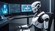 A strong artificial intelligence robot sitting at a desk with a computer monitor in data center background