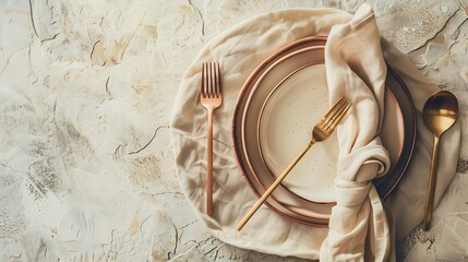 Leinwandbilder - From above sophisticated easter table setting featuring stacked ceramic plates rose gold cutlery and a linen napkin on a textured background : Generative AI