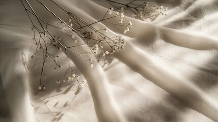 Aufkleber - Aesthetic natural minimalistic background elegant sunlight floral shadows on a neutral beige linen texture pleated tablecloth background with copy space : Generative AI
