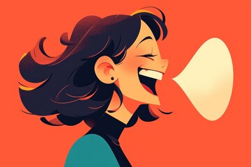 a series of four cartoon-style portraits, each depicting people laughing joyfully against a solid co