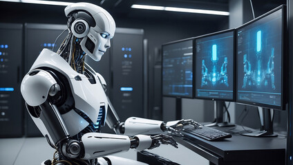 Wall Mural - A strong artificial intelligence robot sitting at a desk with a computer monitor in data center background
