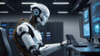 A strong artificial intelligence robot sitting at a desk with a computer monitor in data center background