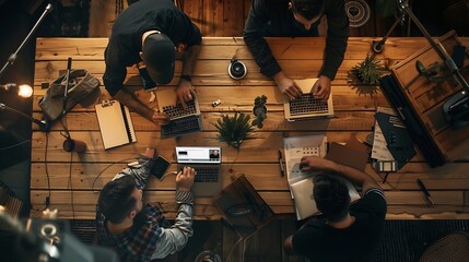 Fototapete - A team of web designers are working together to develop a mobile responsive website with UIUX front end design concepts A team of UxUi developers are working together at a wooden workb : Generative AI