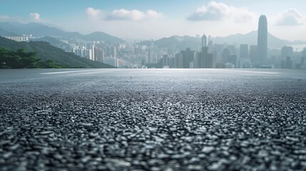 Asphalt road and mountain with city skyline scenery : Generative AI