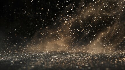 Fototapete - Dust and wood chips on a black background Dirt particles fly in the air Layout for design Some dust particles are blurred to transmit the effect of motion : Generative AI