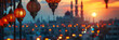 evening glow of ramadan lanterns illuminate a cityscape, with a black pole in the foreground