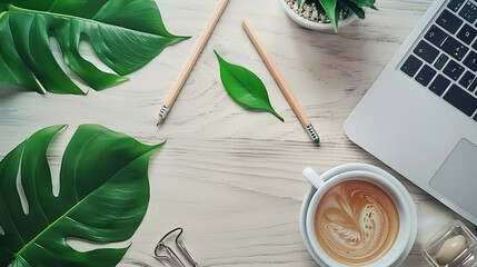 Leinwandbilder - Flat lay top view office table desk Workspace with laptopoffice supplies pencil green leaf and coffee cup on wood background : Generative AI