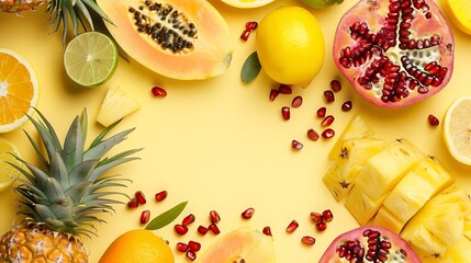 Wall Mural - Creative layout made of pineapple kiwi lemon lime orange papaya coconut pomegranate and carambola Flat lay Food concept : Generative AI