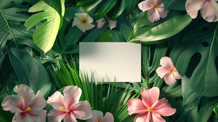 Wall Mural - Creative layout made of tropical flowers and leaves with paper card note Flat lay Nature concept : Generative AI