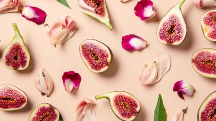 Poster - Creative layout made of figs exotic flowers on the beige background Flat lay Food concept : Generative AI