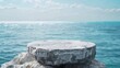 © Generative AI - Stone rocky pedestal or podium in front of sea ocean background Empty product template Summer vibe Mockup Stage for advertising : Generative AI