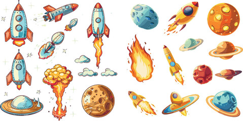 Aufkleber - Cartoons of shuttle, satellite, flying saucer, meteorite with fire and unusual planets