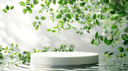 Aufkleber - Empty round podium pedestal green leaves against the background of water with drops and ripples : Generative AI